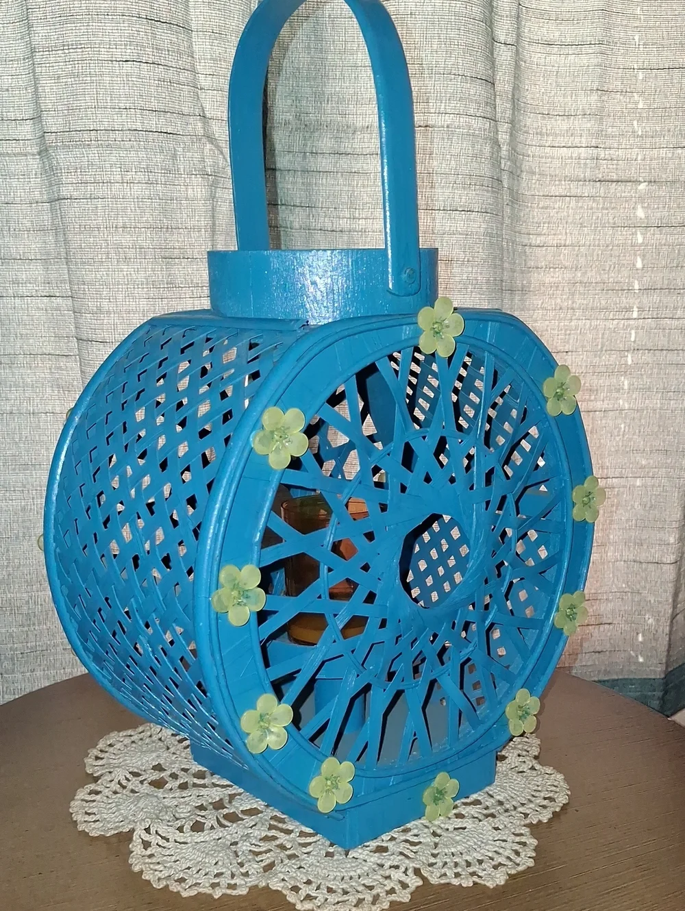 Blue Decorative Round Lantern with Floral Accents